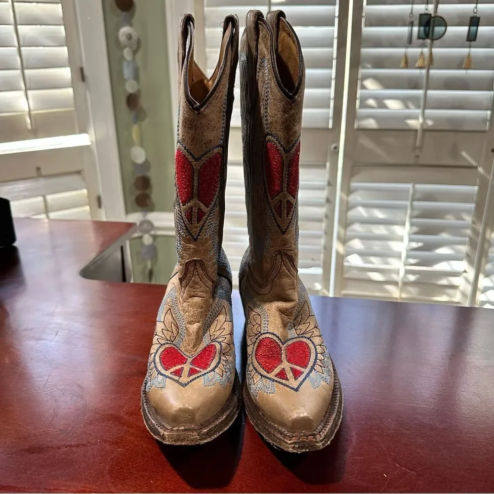 Corral Tan Leather Kids Cowboy Boots with Red Heart and Blue Wing Embroidery